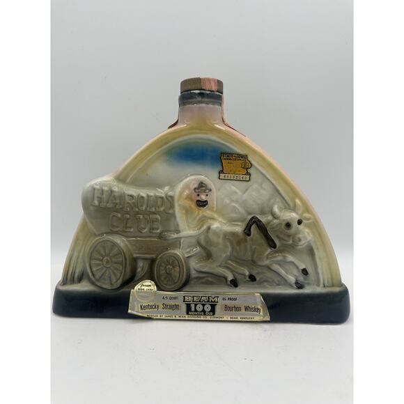 Vintage Jim Beam Harolds Club Whiskey Bottle Wagon Decanter 1969 IA Stamp - Picture 1 of 5